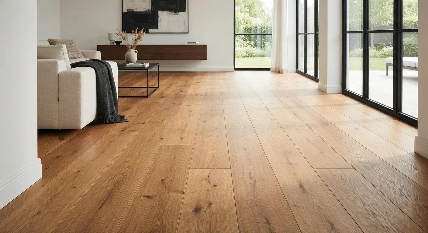 Wide-plank timber flooring running through a bright, contemporary Hobart interior.
