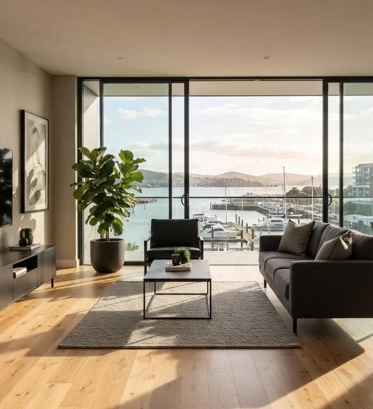 Sandy Bay living room with light oak hybrid flooring and floor-to-ceiling windows over the marina.