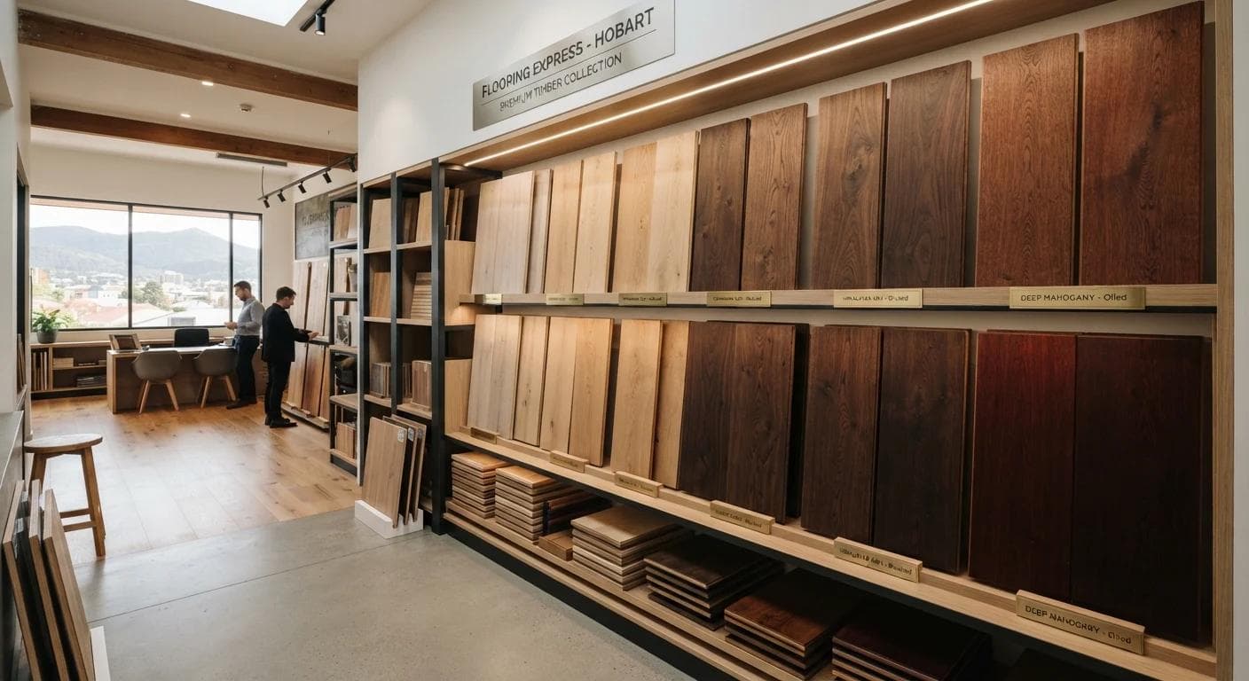 Timber flooring samples displayed in the Hobart showroom, ranging from light ash to dark walnut.