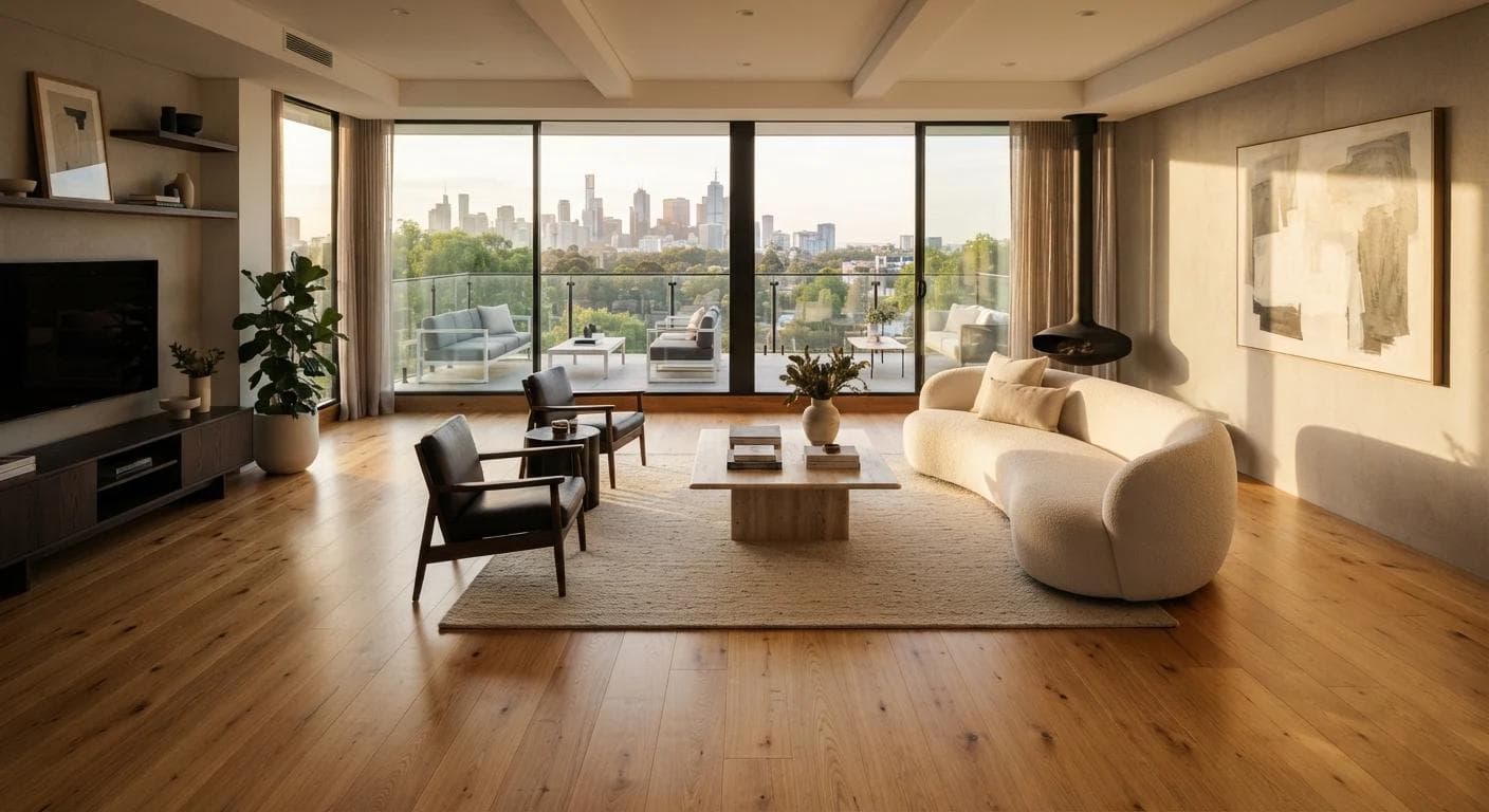 Heritage Hobart living room with wide-plank Tasmanian Oak flooring and city views.