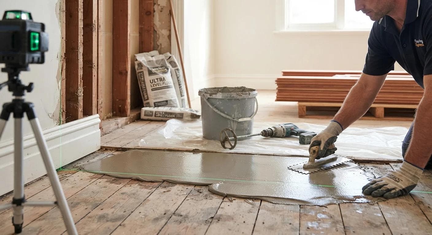 Original 1920s subfloor stripped back, with levelling compound and tools in place.