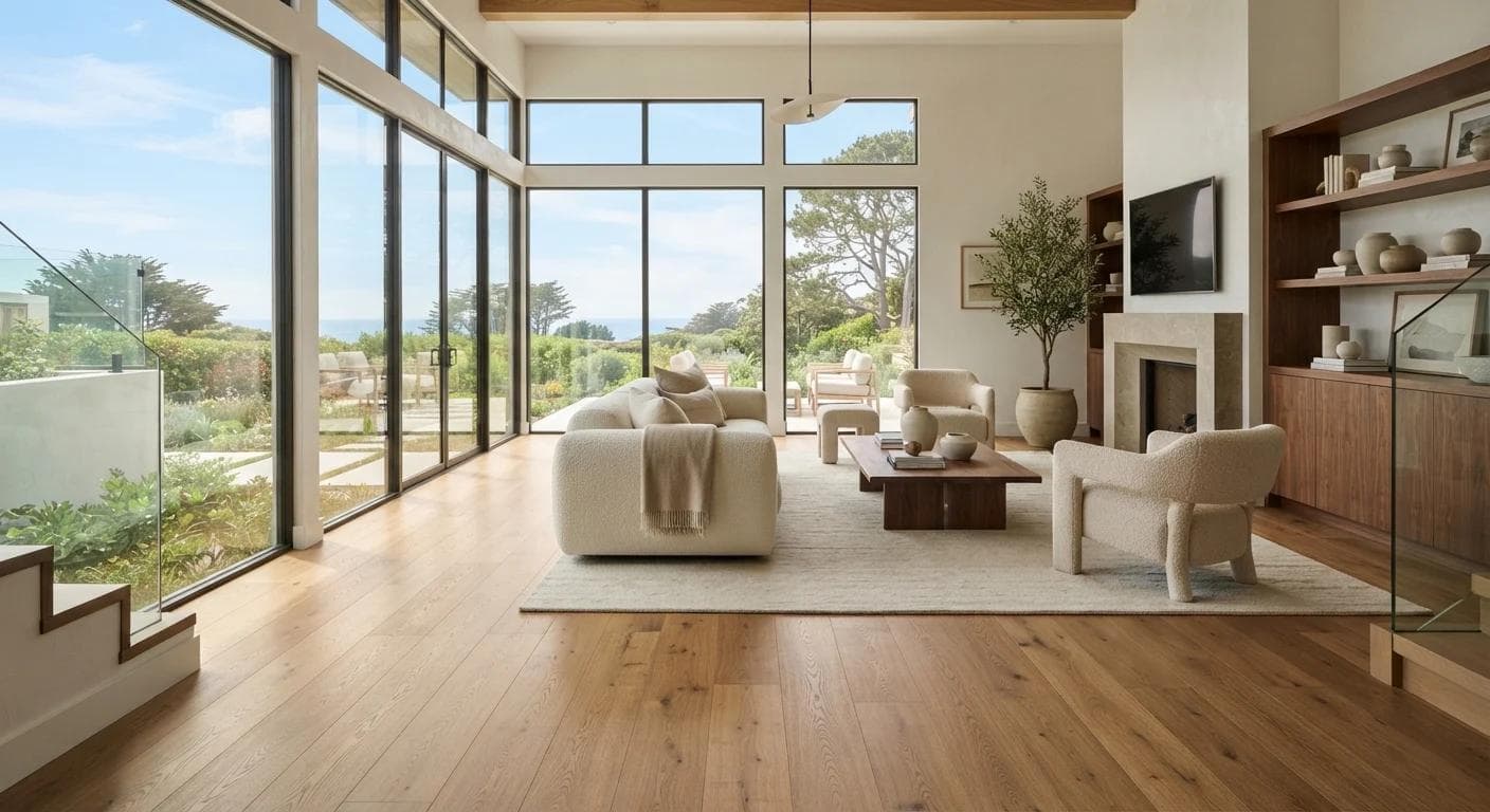 Open-plan Sandy Bay living space finished in wide-plank hybrid oak.